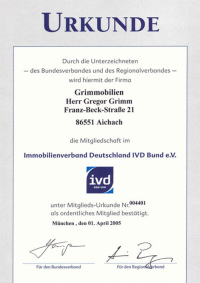 Urkunde Mitgliedschaft Immobilienverband Deutschland IVD Bund e.V.