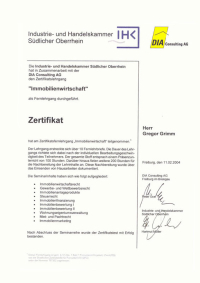 Zertifikat Lehrgang 'Immobilienwirtschaft' der IHK